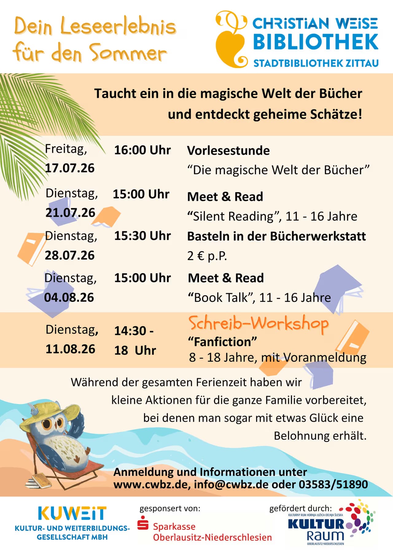 Flyer for Christian Weise Library summer events with dates, workshops, and a cartoon owl graphic.