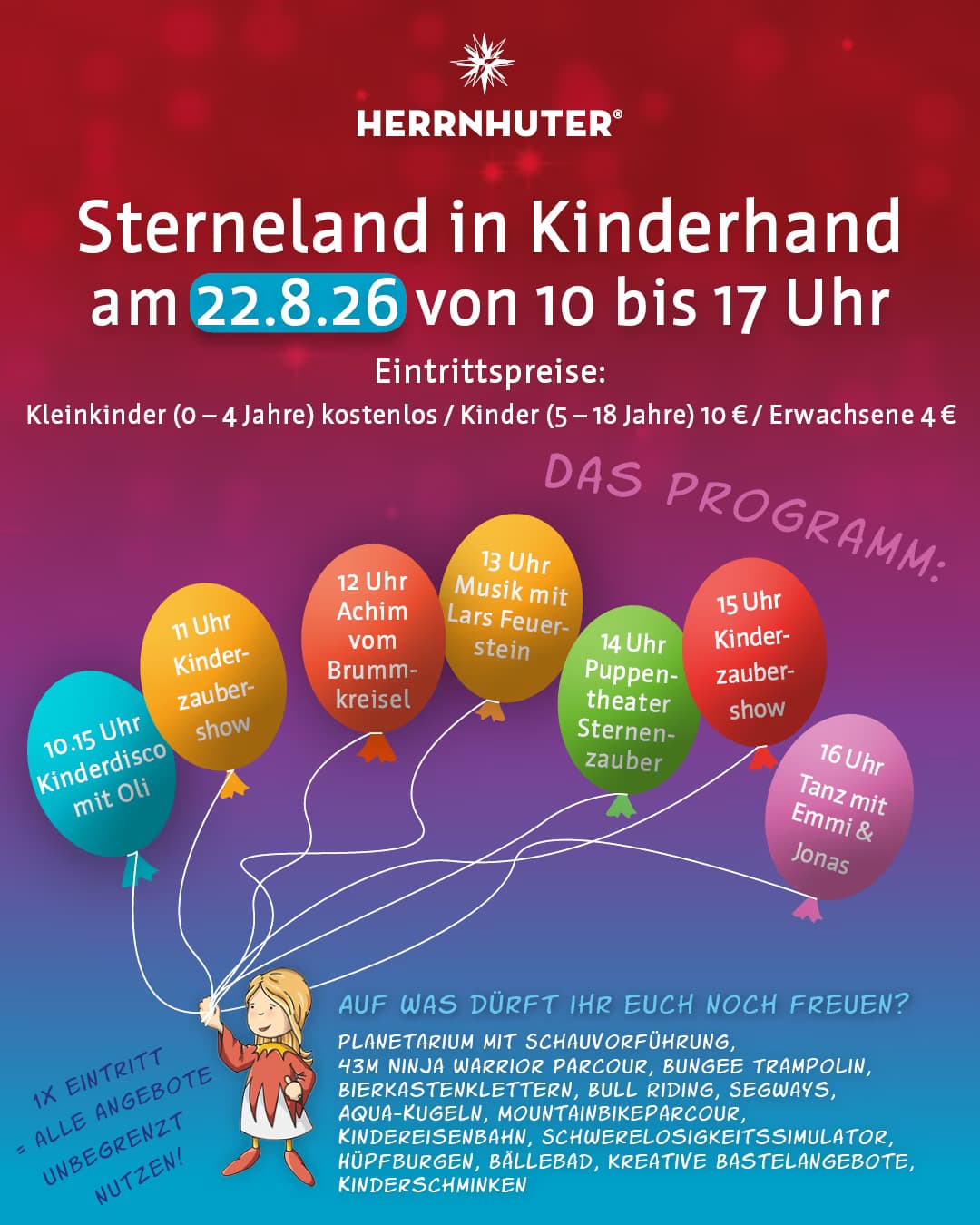 A flyer for a children's event featuring balloons labeled with the scheduled activity times.