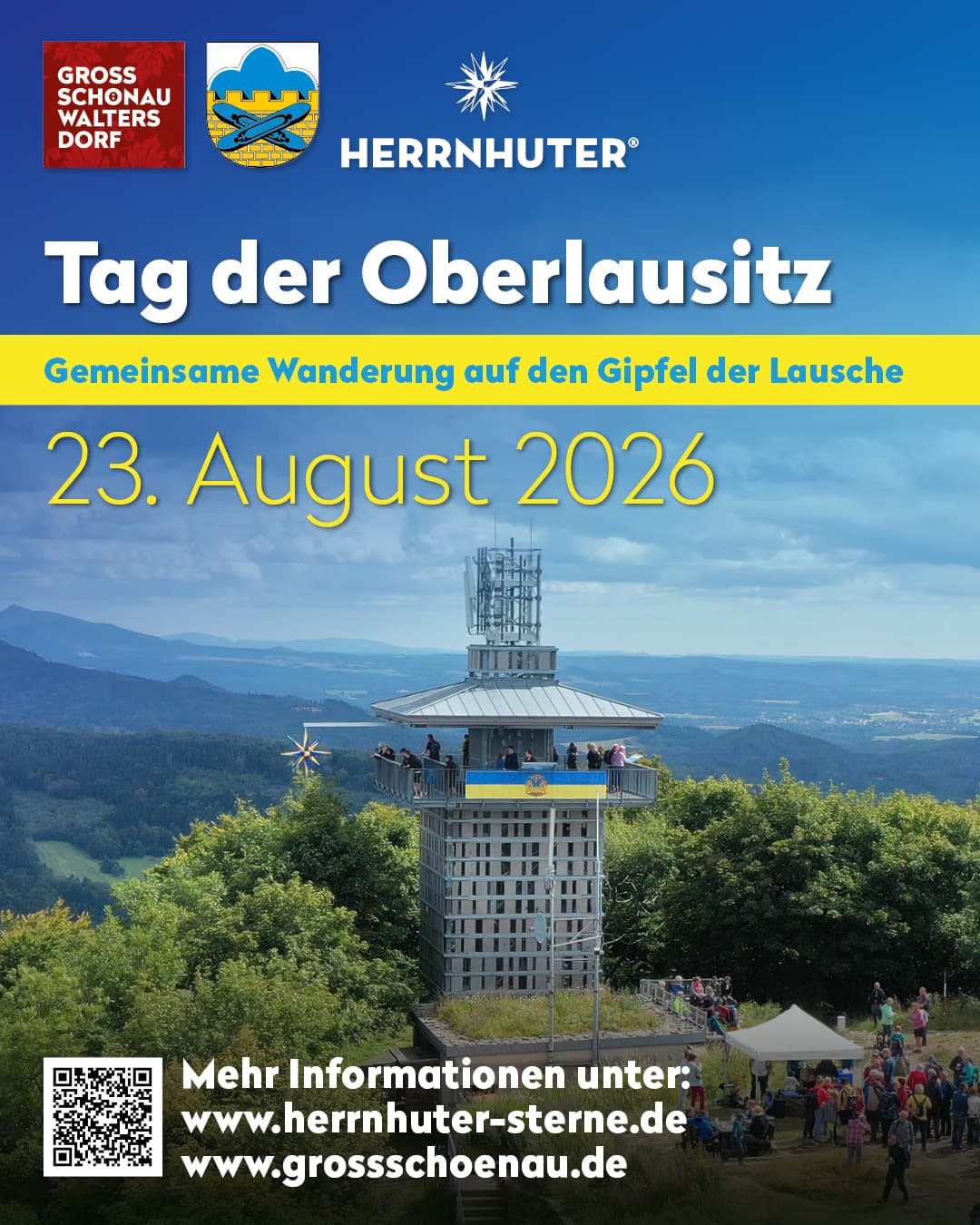 Promotional poster for a hike to the Lausche summit on August 23rd 2026.