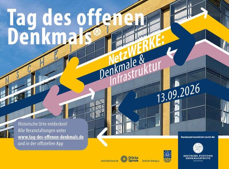 A promotional poster for Day of the Open Monument with colorful arrows over a building.