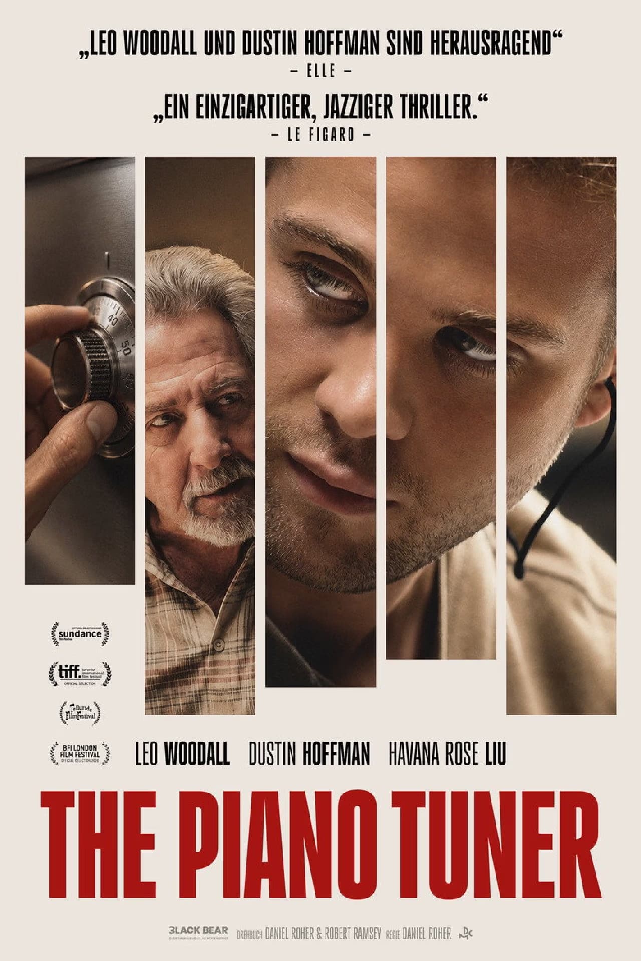 Plakat filmowy do produkcji The Piano Tuner z portretami aktorów i tytułem filmu dużą czerwoną czcionką.
