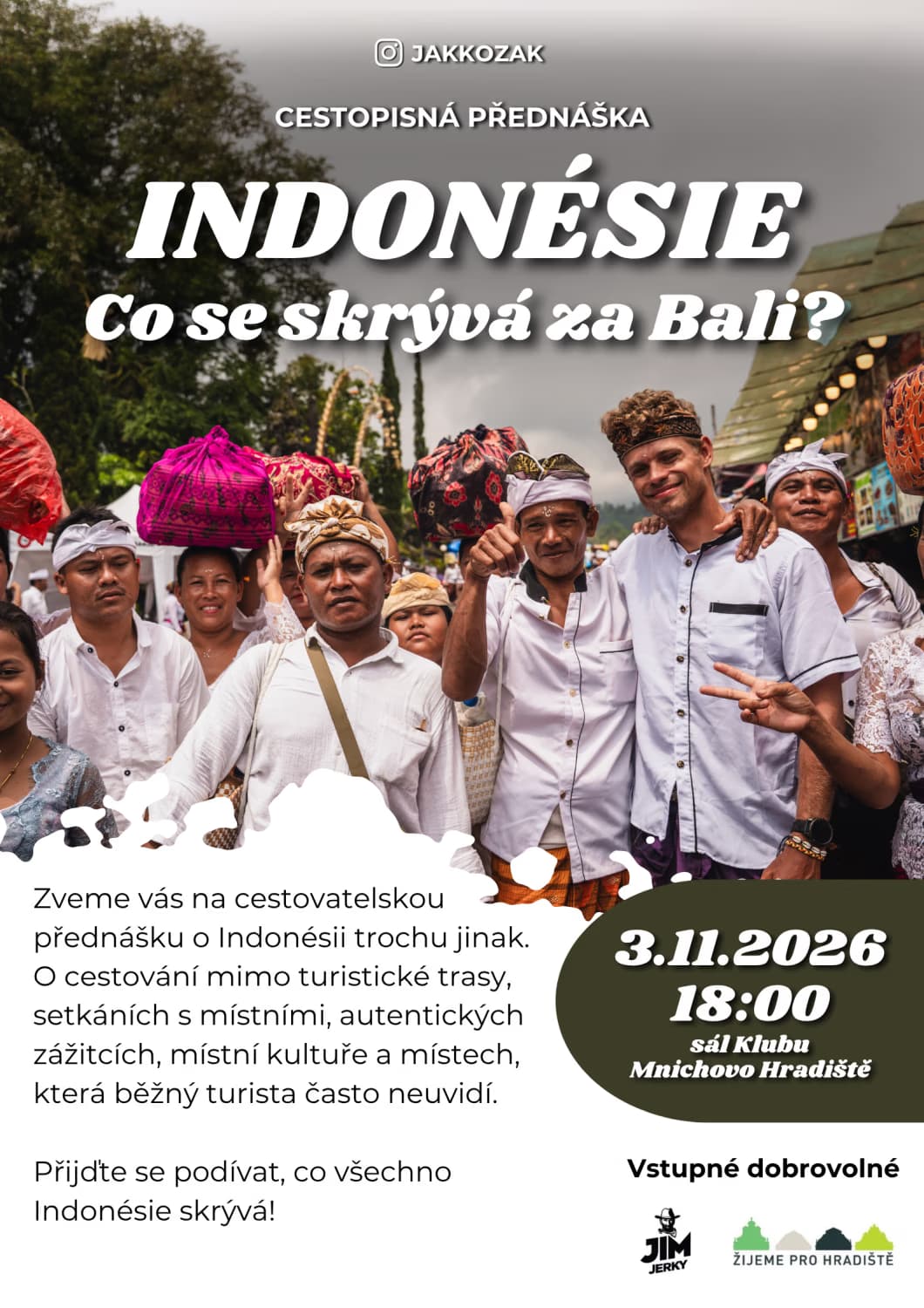 Travel lecture poster titled Indonesia with a photograph of local people and event details.