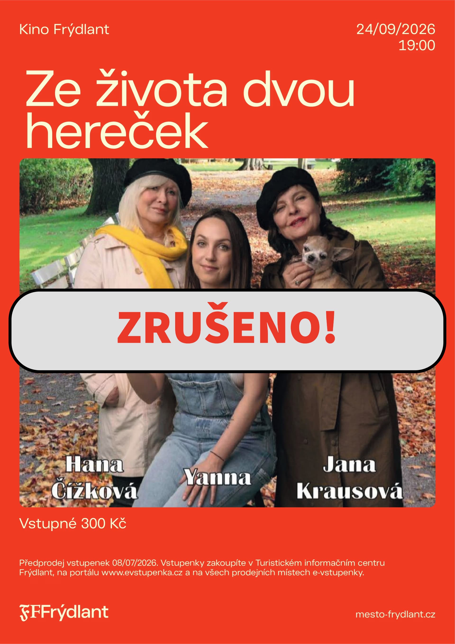Event poster featuring three women in an autumn park with a cancelled notice.