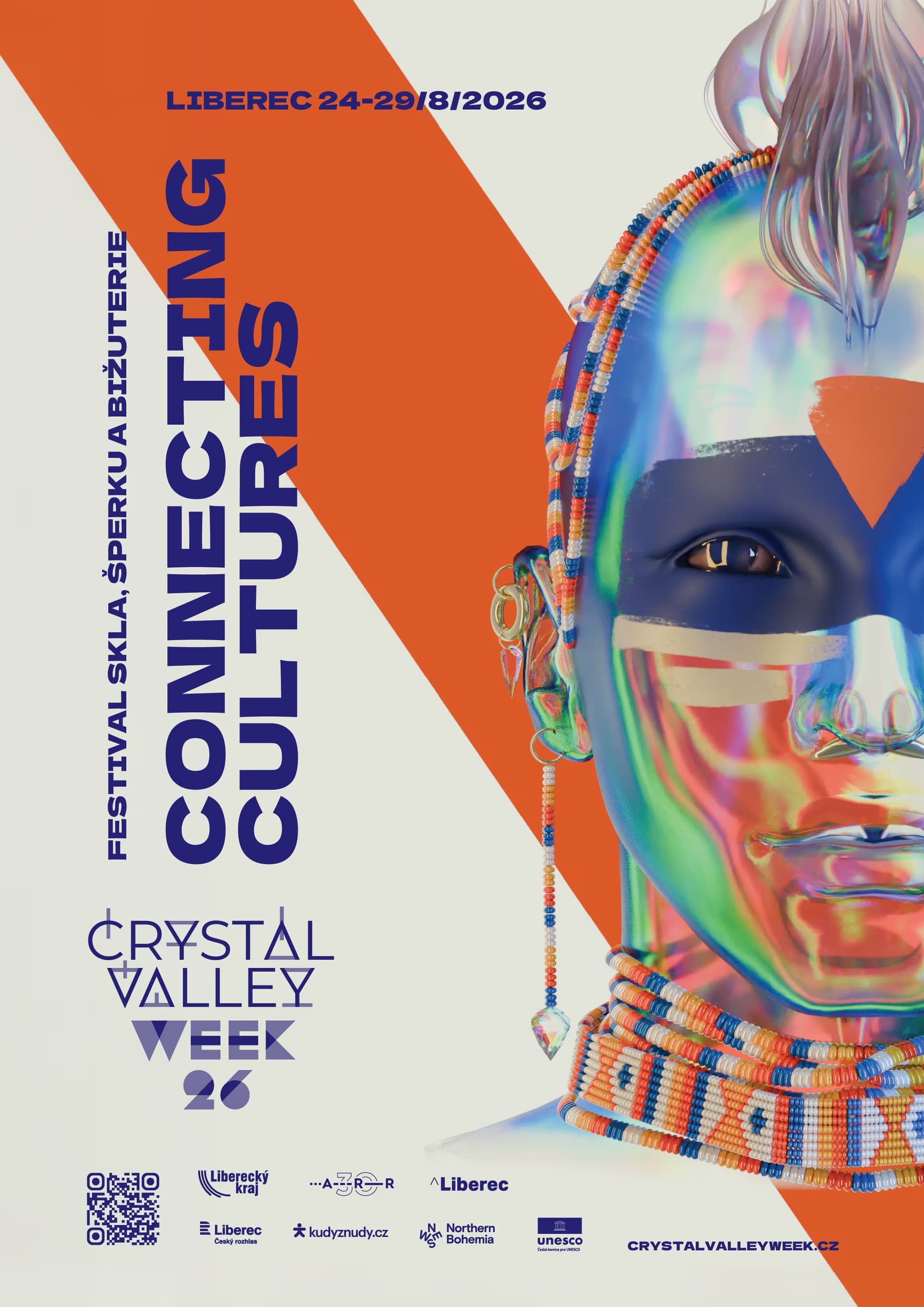 A stylized portrait of a person with iridescent skin features text about the Crystal Valley Week festival.