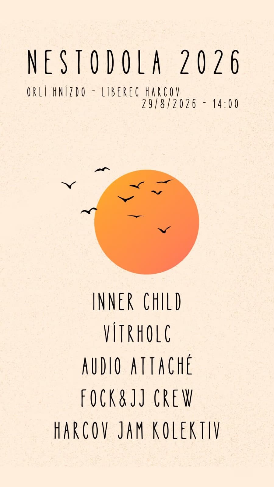 A minimalist event poster with a sunset illustration, listing performer names and event details.