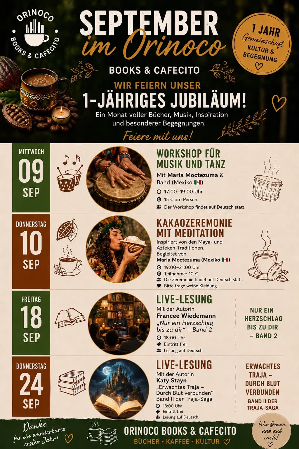 Event schedule flyer for Orinoco Books and Cafecito celebrating their one-year anniversary in September.