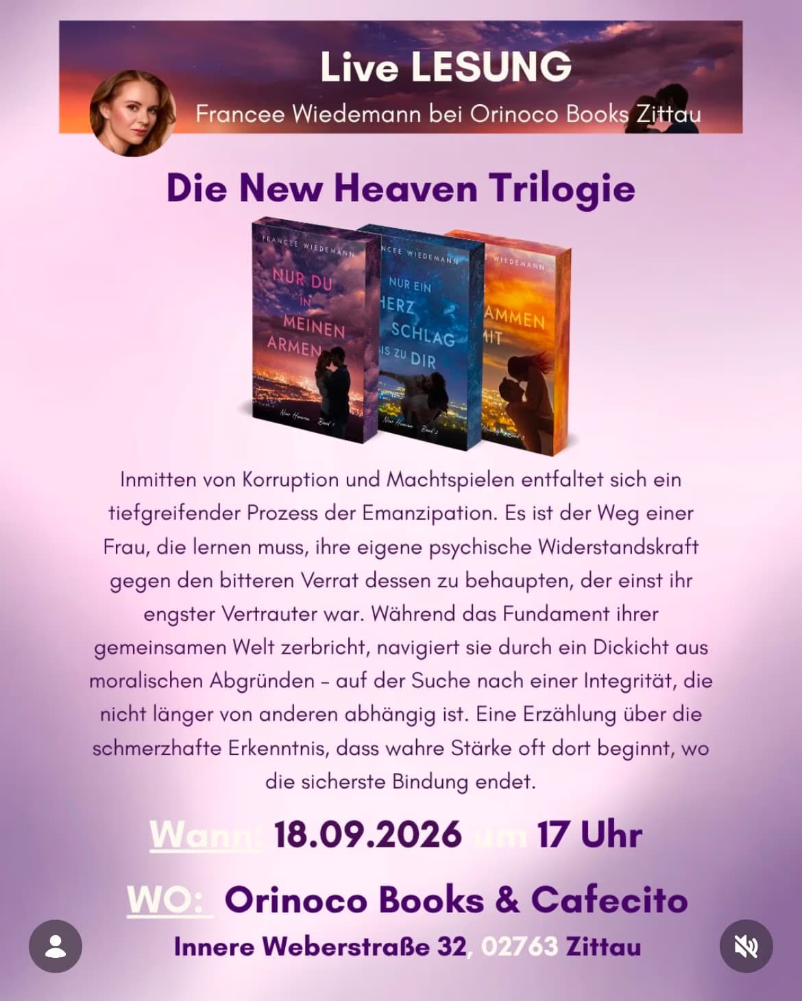 Three book covers and event details for a reading with author Francee Wiedemann in Zittau.