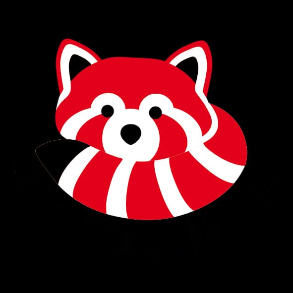 Stylizovaná kreslená ilustrace roztomilé pandy červené na černém pozadí.