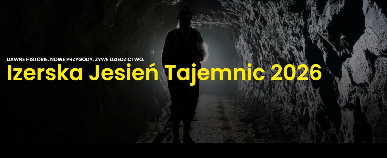 A silhouette of a person walks through a dark mine tunnel with bold yellow text overlaid.