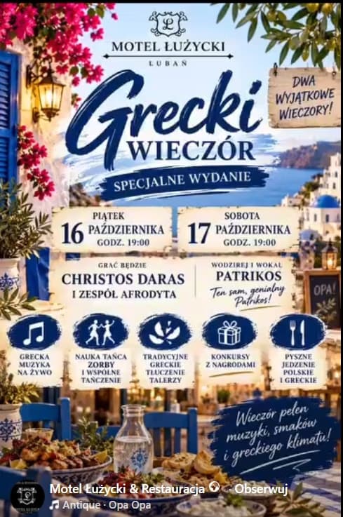 Event poster for a Greek night at Motel Łużycki in Lubań, featuring dinner dates and entertainment.