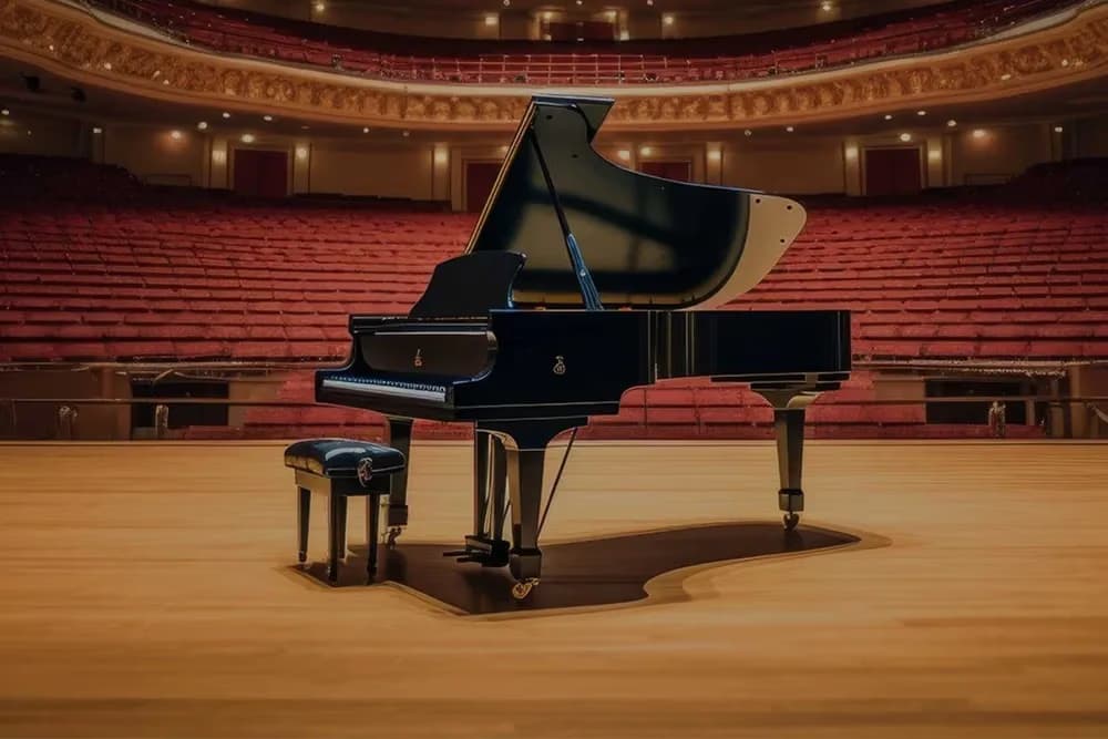 A black grand piano stands center stage in an empty concert hall with red seating.