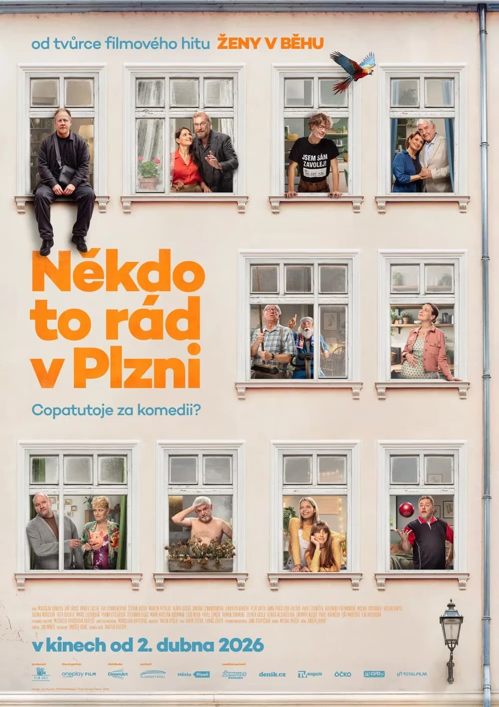 Ein Filmplakat zeigt verschiedene Personen, die aus den Fenstern einer Hausfassade schauen.