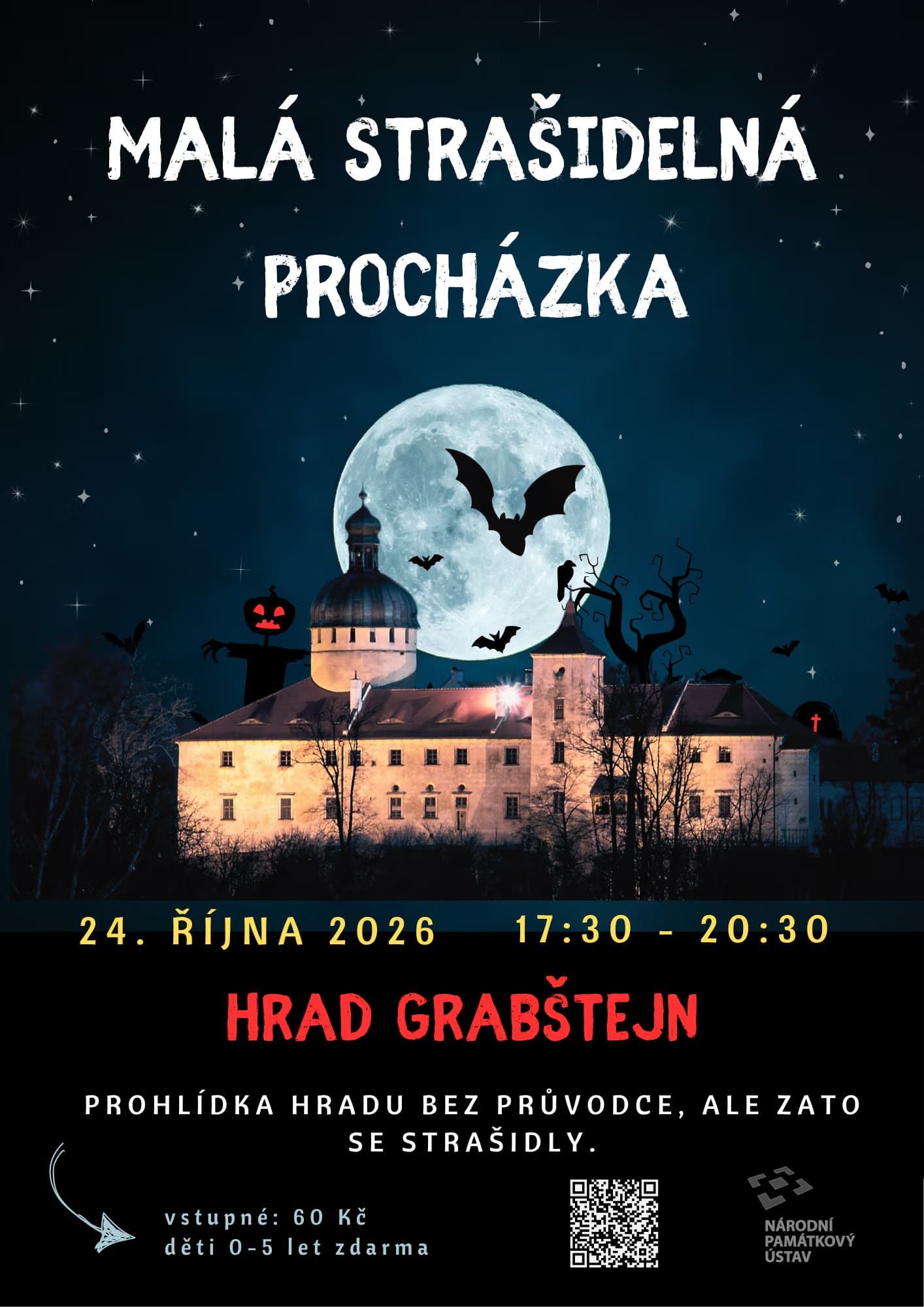 A night view of a castle under a full moon with bats for a spooky walk event poster.