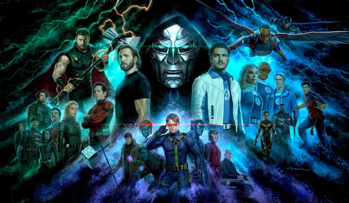 Cyfrowa grafika przedstawiająca wielu superbohaterów Marvela zgromadzonych pod groźną twarzą Doktora Dooma.