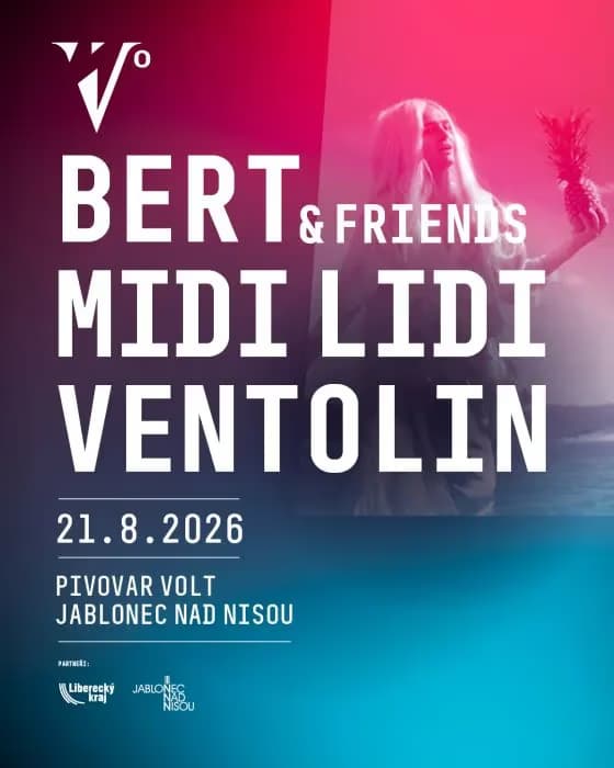 Plakat koncertowy zespołów Bert & Friends, Midi Lidi oraz Ventolin w Jabloncu nad Nysą.