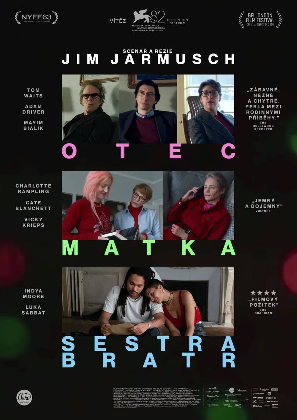 Filmplakat mit Fotos der Besetzung von Jim Jarmusch mit Text in Pink, Grün und Blau.