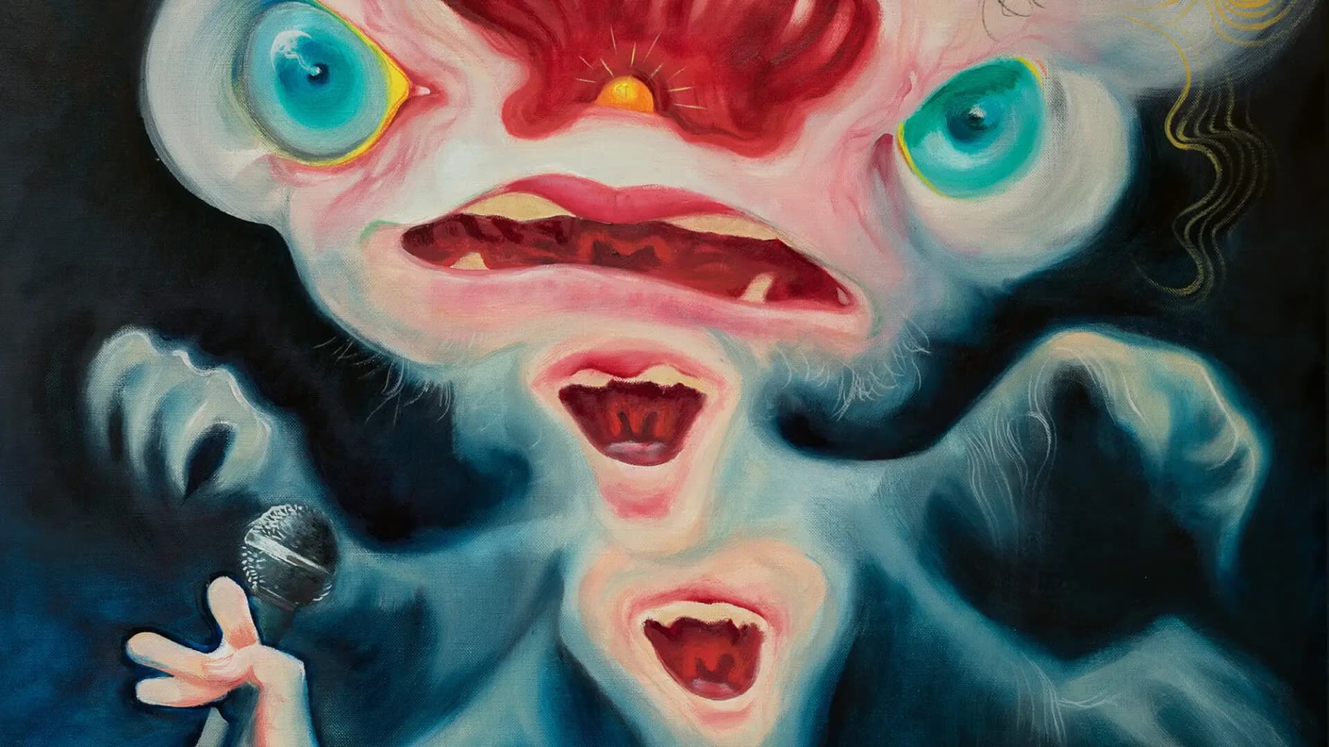 Surreal painting of a grotesque, blue, multi-mouthed creature holding a microphone.