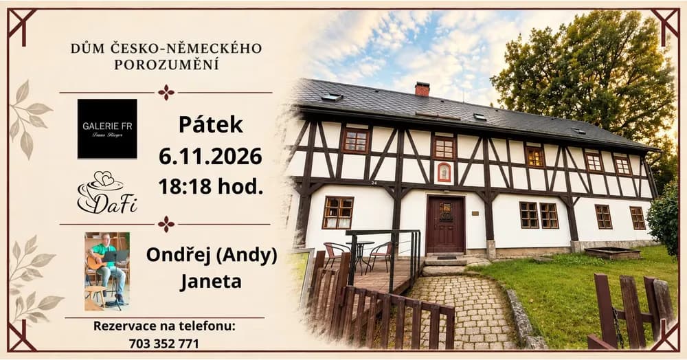 Ein Veranstaltungsplakat für ein Konzert von Ondřej Janeta vor einem Fachwerkhaus.