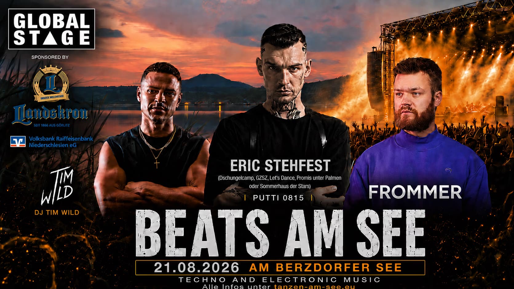 Promotional poster for Beats am See event featuring three performers against a concert background.