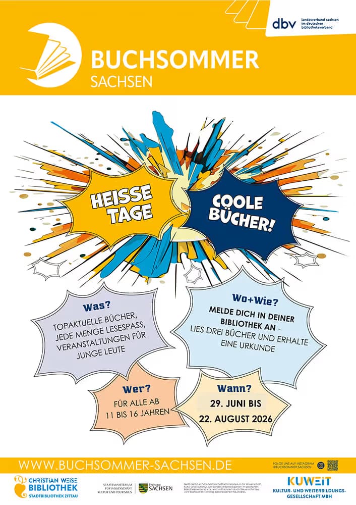 A promotional poster for the Buchsommer Sachsen reading event with comic-style speech bubbles.