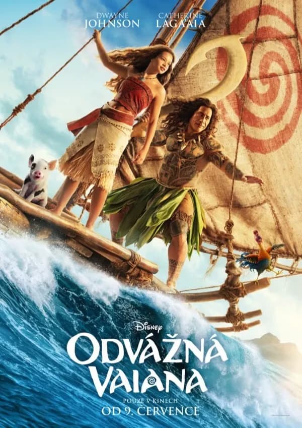 Vaiana und Maui segeln auf einem Boot über das Meer, begleitet von einem Schwein.