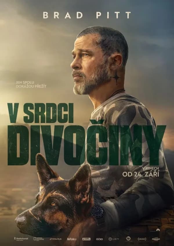 Brad Pitt and a German Shepherd dog against a moody landscape background.