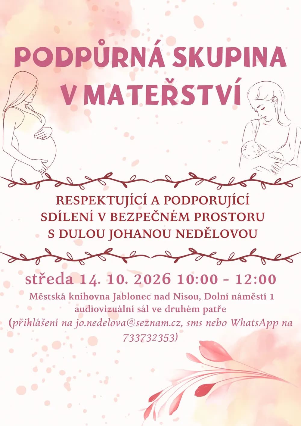 Pink maternity support group flyer with line art illustrations and event details.