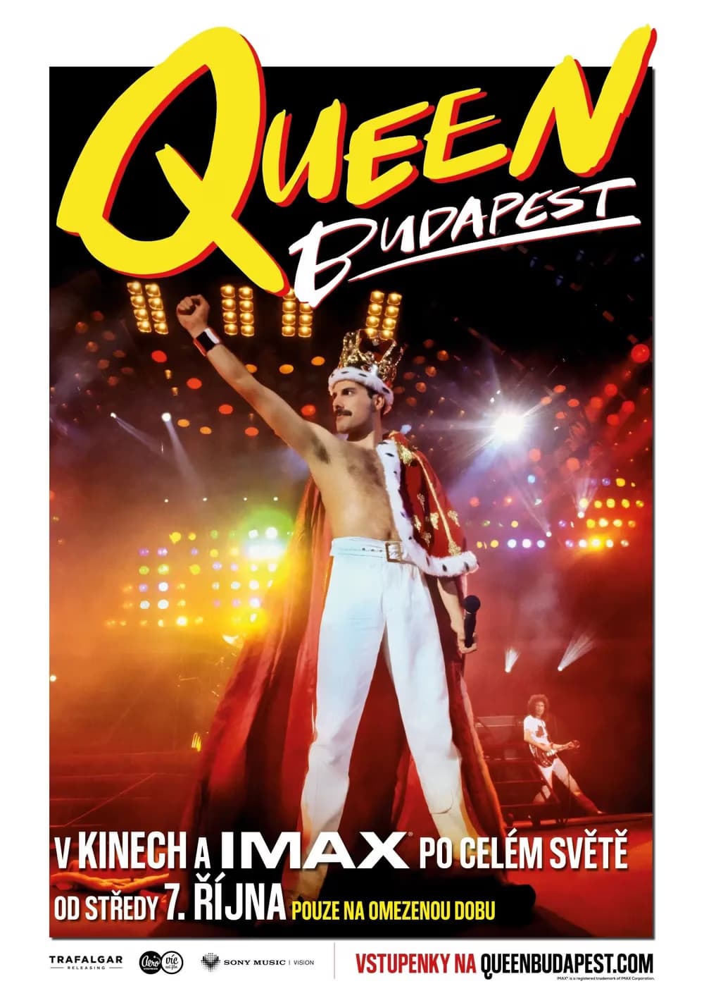Freddie Mercury performs on stage wearing a crown and cape on this Queen Budapest event poster.