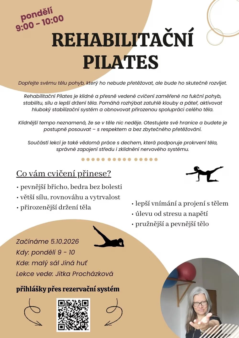 A flyer for rehabilitation pilates featuring event details, exercise benefits, and a QR code.