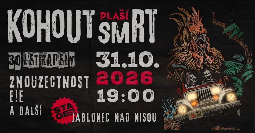 Temný koncertní plakát s kohoutem a lebkami, informující o akci v Jablonci nad Nisou.