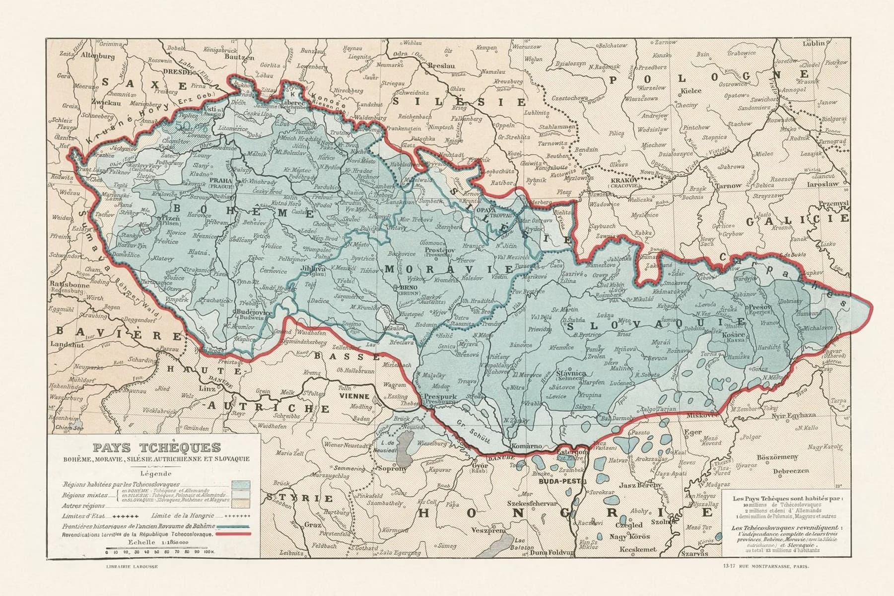 Historical map displaying the territories of Czechoslovakia with French labels and surrounding countries.