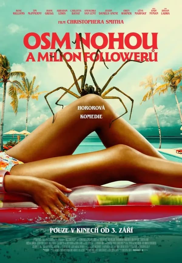Filmplakat mit einer riesigen Spinne auf den Beinen einer Person auf einer Luftmatratze.
