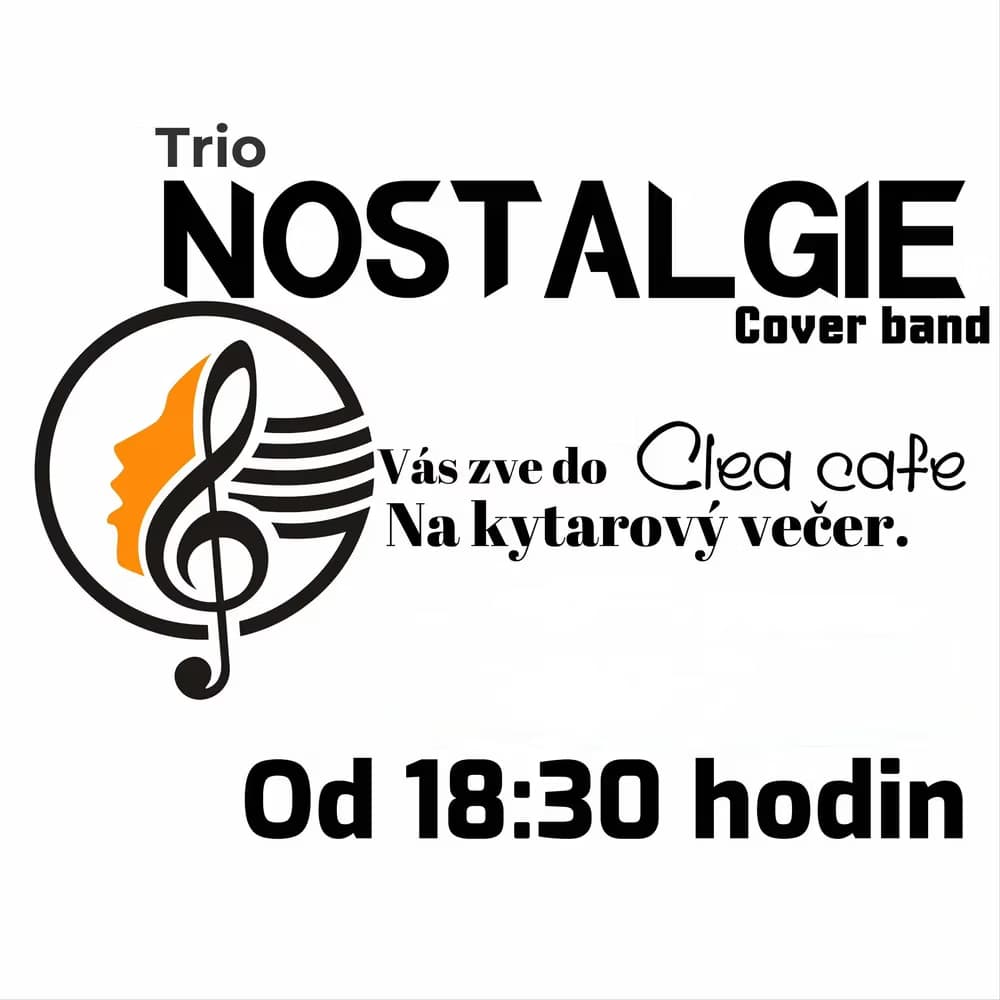 Black and white event flyer for Trio Nostalgie guitar evening at Clea Cafe starting 6:30 PM.