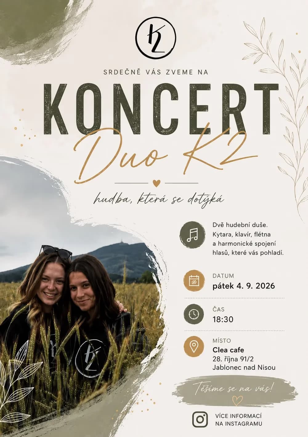 Two women in a field with a hill in the background on an event flyer for Duo K2 concert.