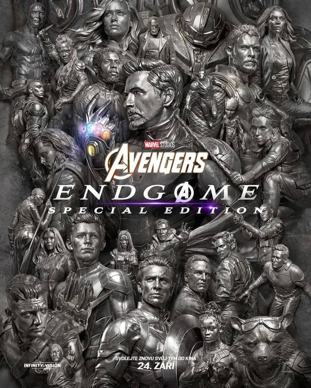 The Avengers Endgame Special Edition movie poster features numerous superheroes in a metallic monochrome style.