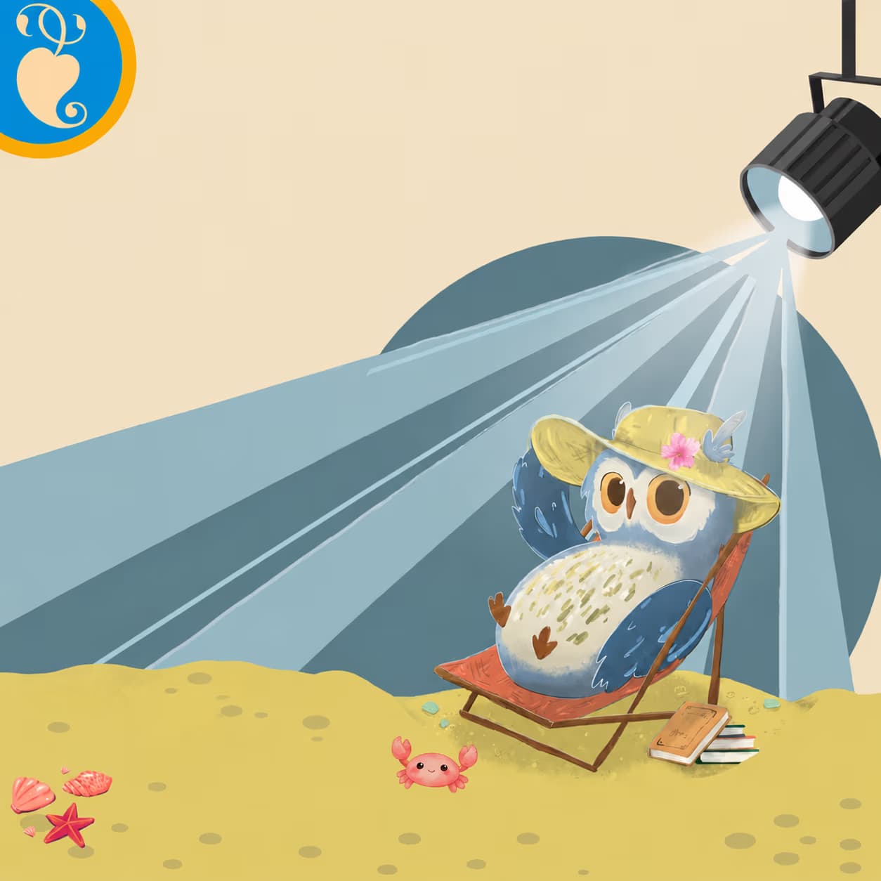 A cartoon owl in a sun hat relaxes in a beach chair under a bright spotlight.