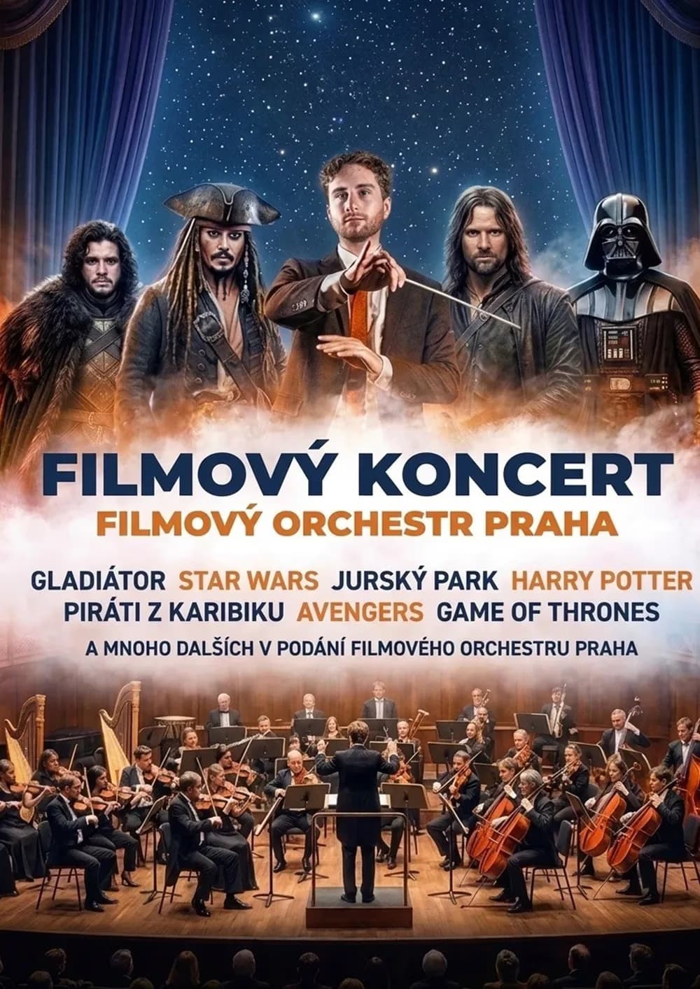 Dirigent vede orchestr pod koláží slavných filmových postav jako Darth Vader nebo Jack Sparrow.
