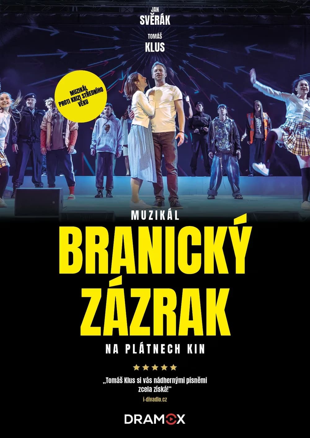 Actors perform on a dark musical theater stage under bold yellow text titles.