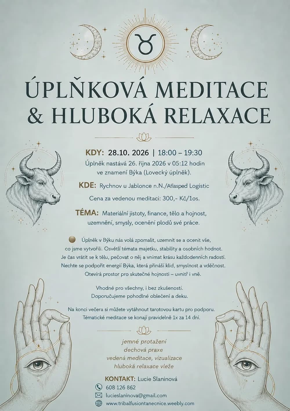 Flyer für einen Vollmond-Meditationsabend mit Stierillustrationen und mystischen Handsymbolen.