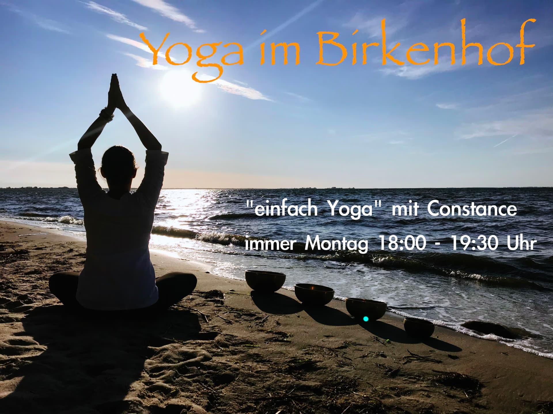 A silhouetted person practices yoga on the beach at sunset with text about weekly sessions.