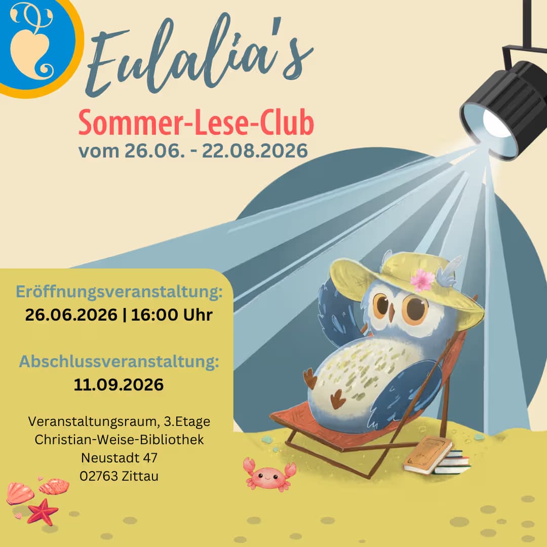An owl wearing a sun hat sits on a beach chair under a spotlight, promoting a summer reading club.