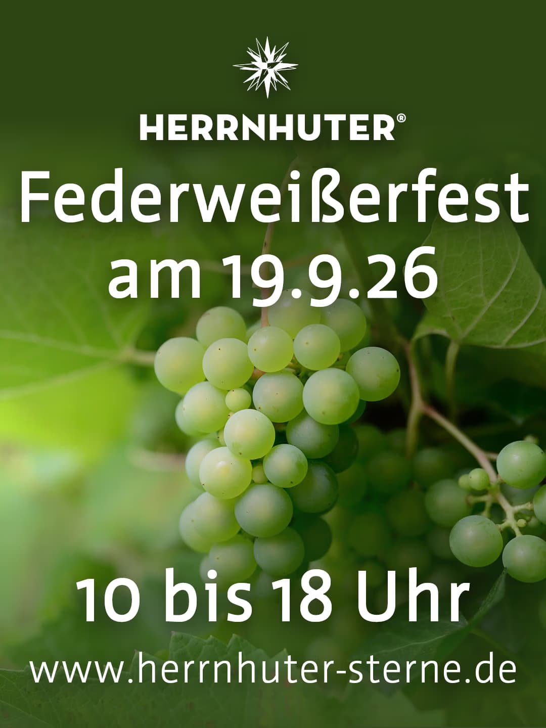 A poster announcing a harvest festival with white grapes on a dark green background.