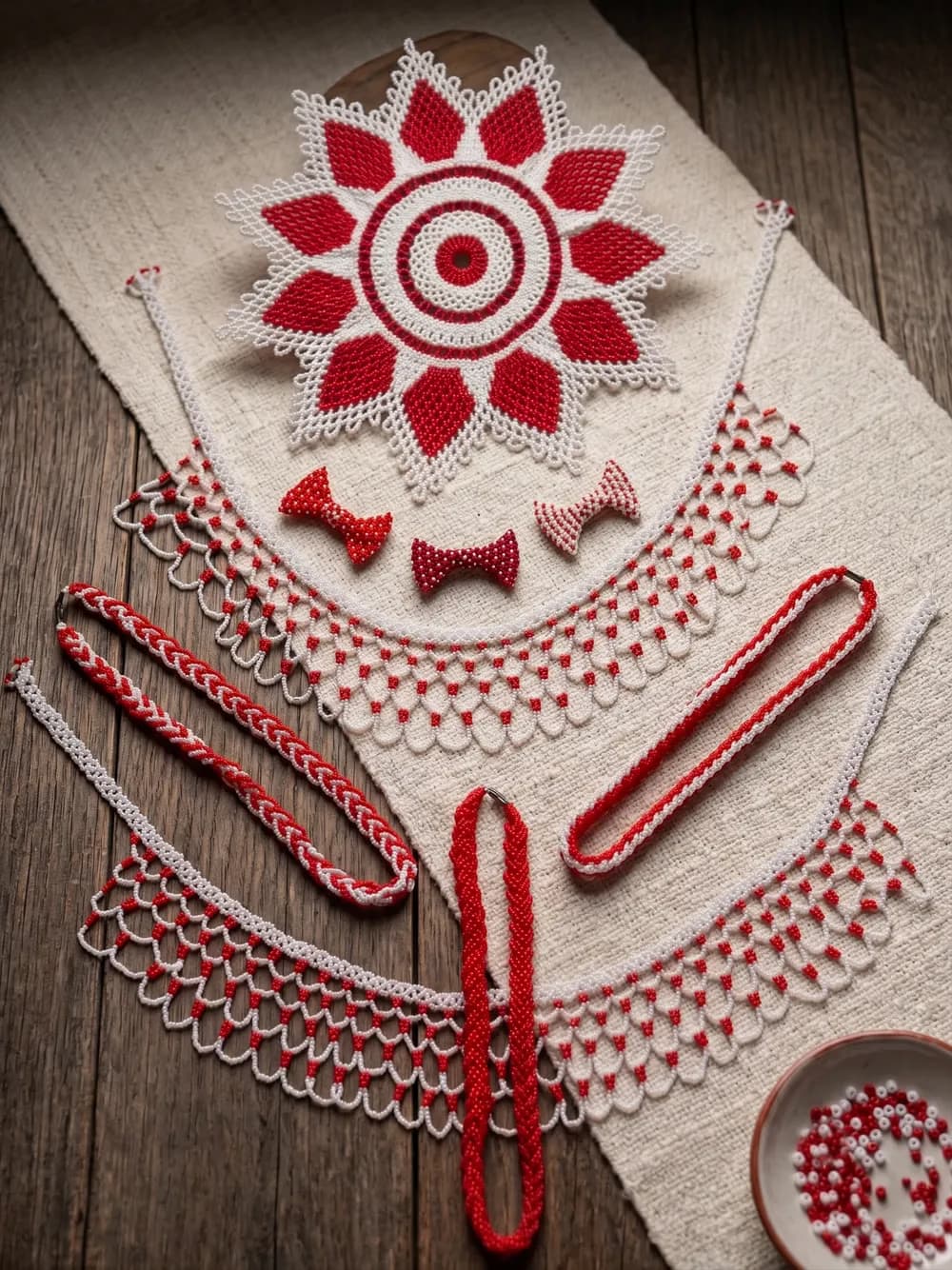Handmade red and white beaded jewelry pieces are arranged on a linen tablecloth.