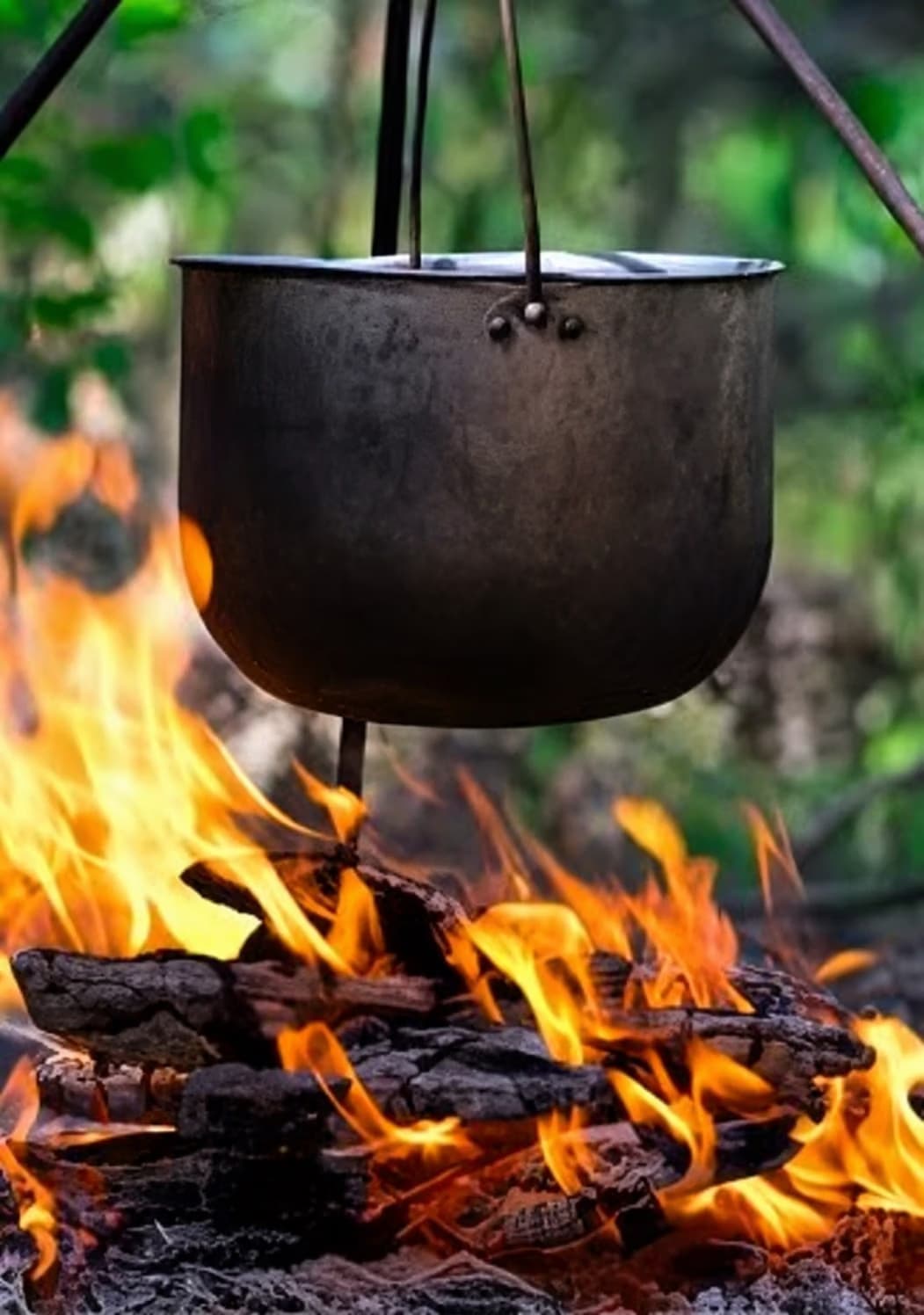 A metal cooking pot hangs over a bright, crackling campfire in the woods.
