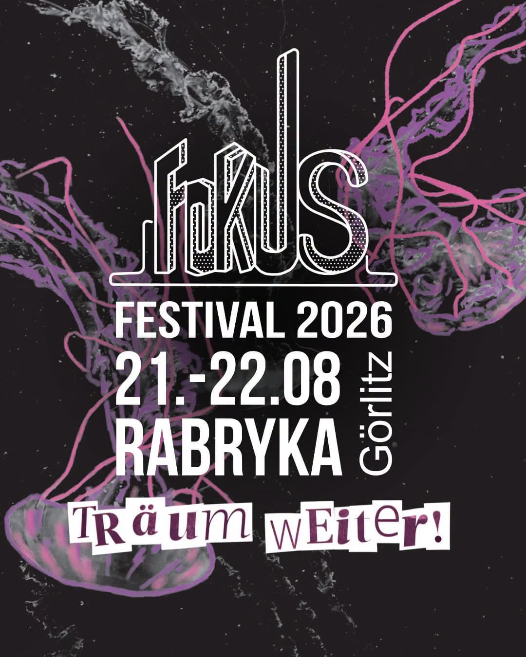 Stylized text Fokus Festival 2026 with jellyfish art against a dark purple background.