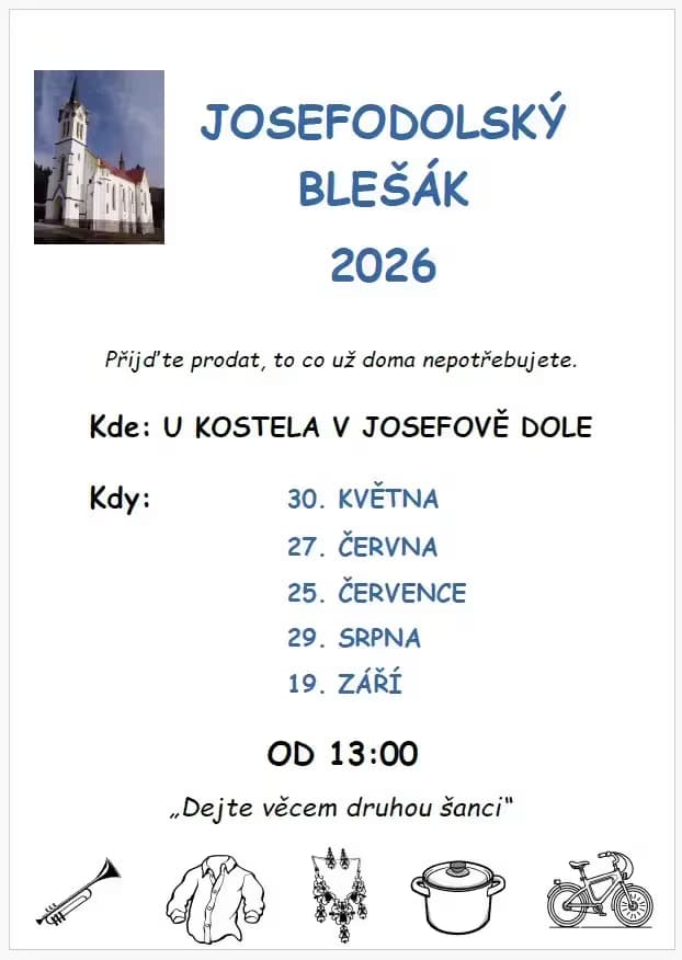 Plakat targu staroci w Josefův Důl ze zdjęciem kościoła oraz listą dat odbywania się wydarzenia.