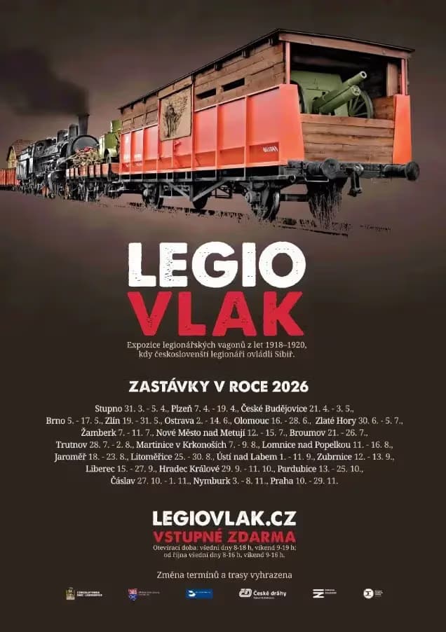 A historic steam train with a military wagon displays tour dates for the 2026 Legion Train exhibition.