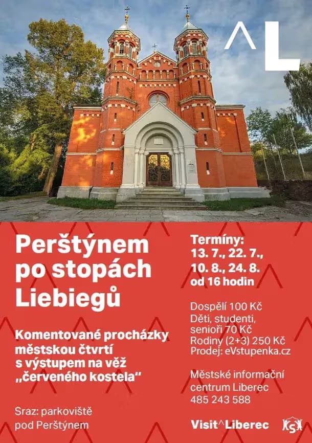The red brick church stands prominently in a poster advertising a local walking tour.