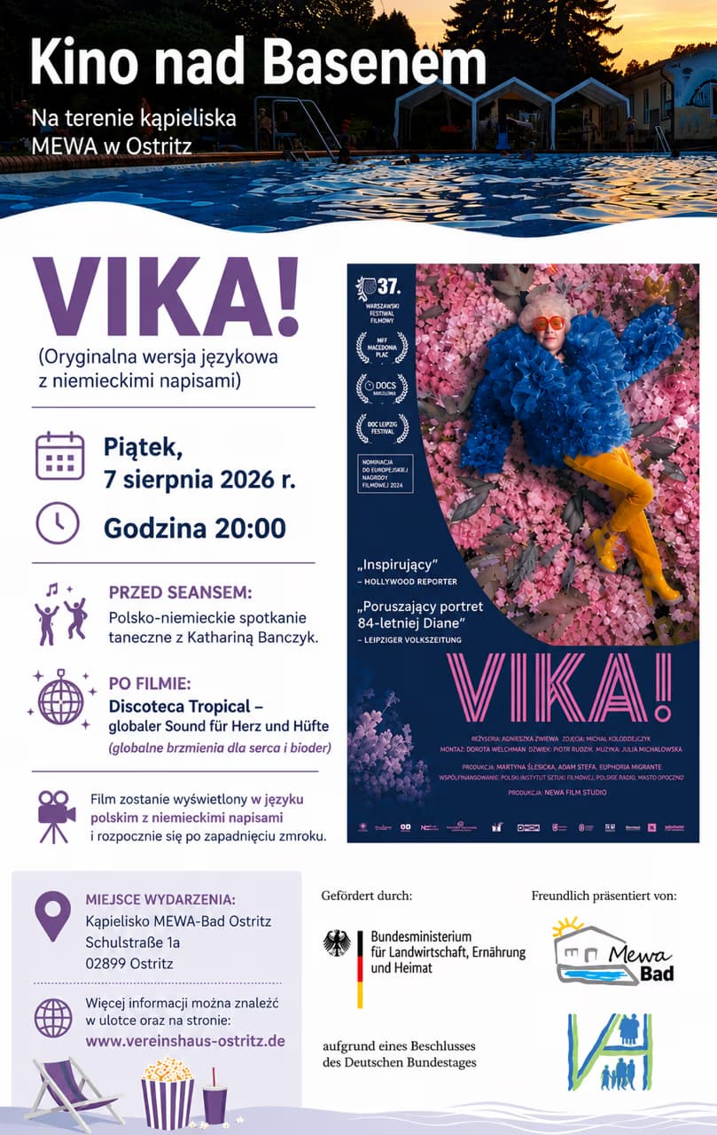 Event poster for an outdoor cinema screening at the Mewa swimming pool in Ostritz.