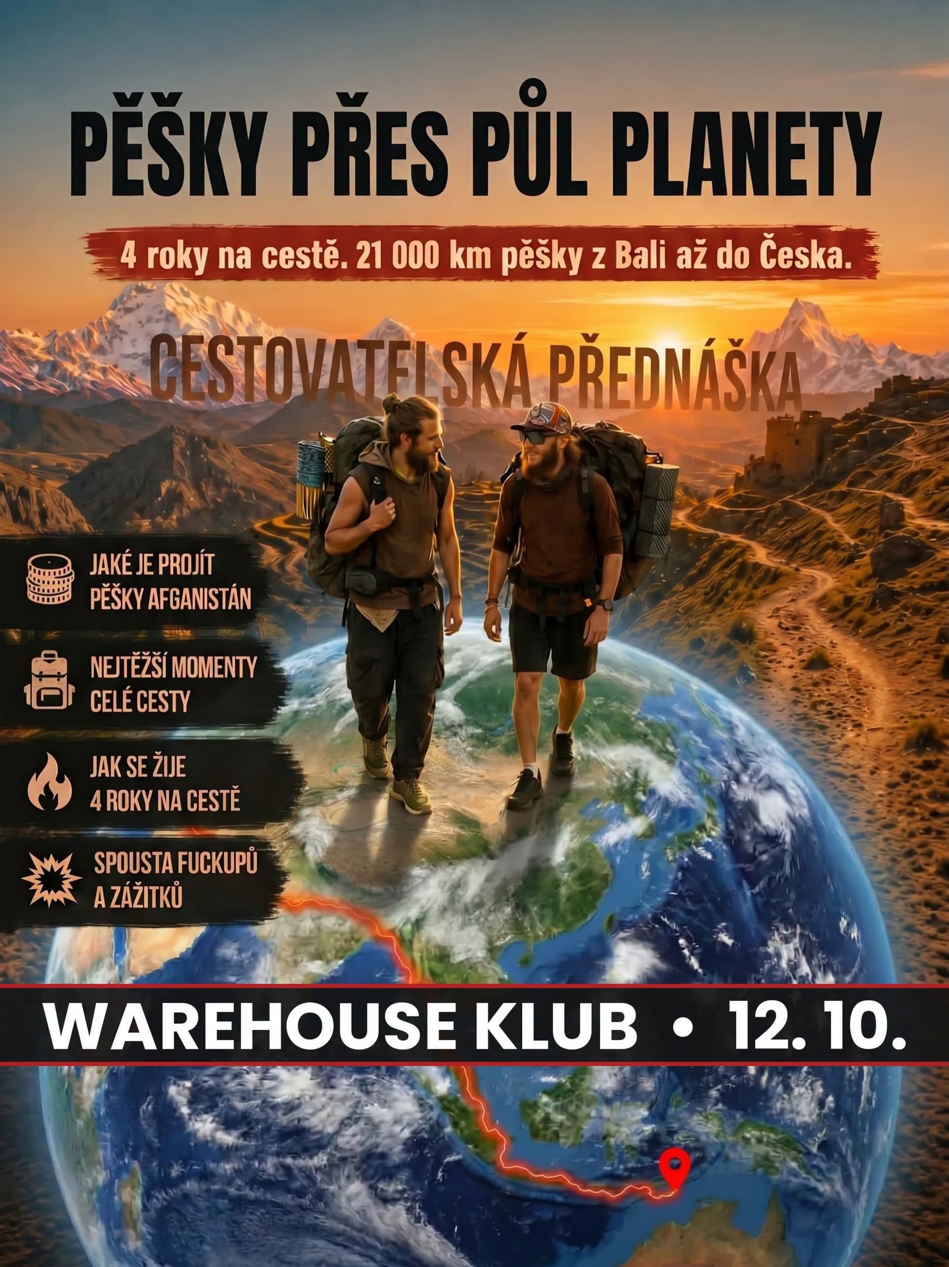 Two hikers walk across a stylized globe in front of mountain scenery with promotional event text.